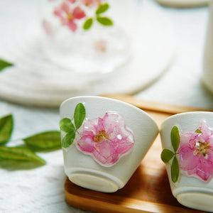 Handcrafted Frosted Porcelain Tea Set — Real Preserved Flower Cups, Portable Kit