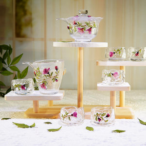 Handcrafted Rose Petal Glass Tea Set, Lotus Gaiwan Cups