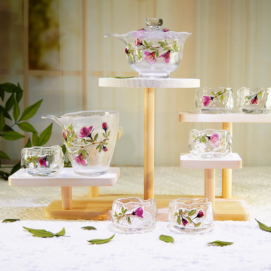Handcrafted Rose Petal Glass Tea Set, Lotus Gaiwan Cups