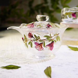 Handcrafted Rose Petal Glass Tea Set, Lotus Gaiwan Cups