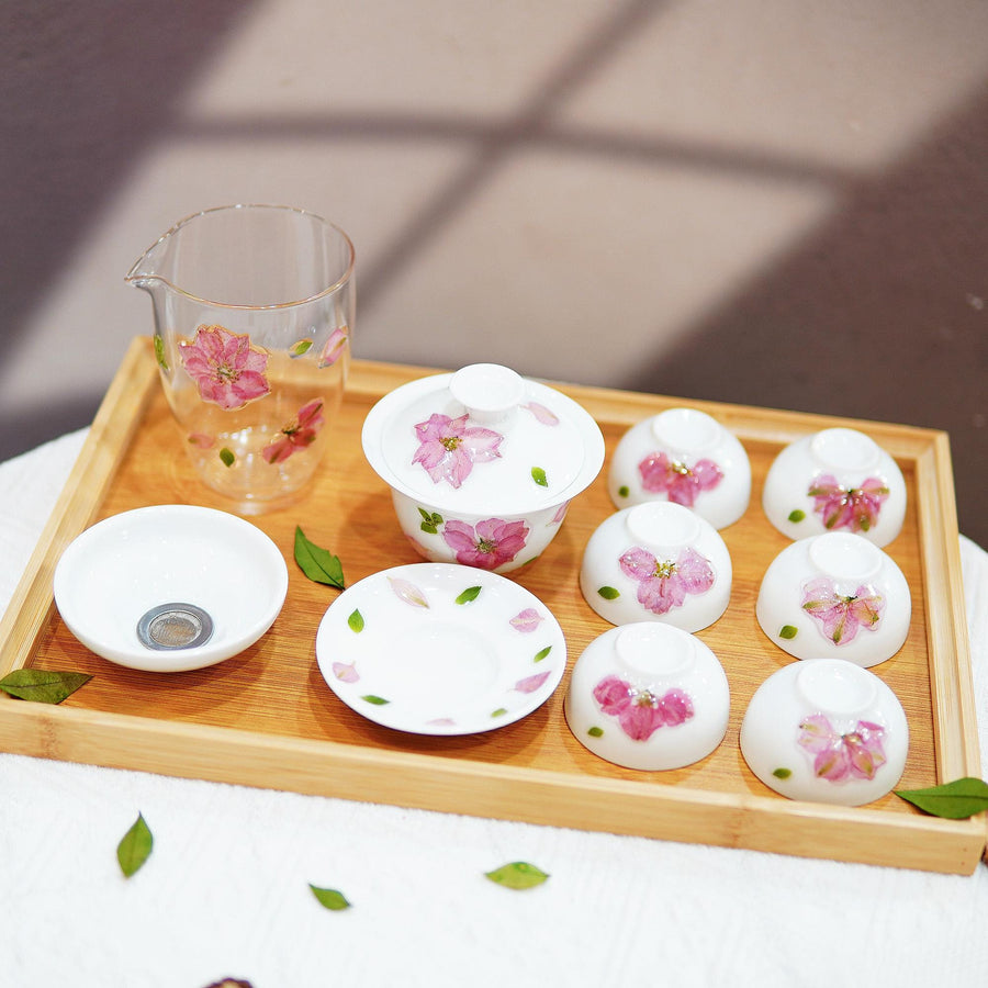 Handcrafted Porcelain Tea Set — White Cherry Blossom Gaiwan & Cups with Preserved