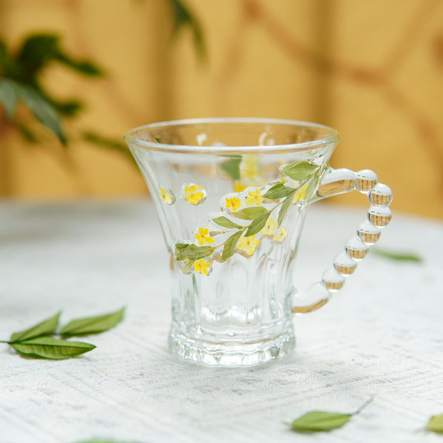 Handcrafted Glass Cup with Real Pressed Flowers & Beaded Handle