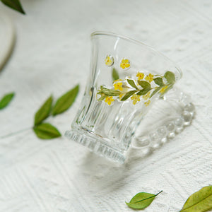 Handcrafted Glass Cup with Real Pressed Flowers & Beaded Handle