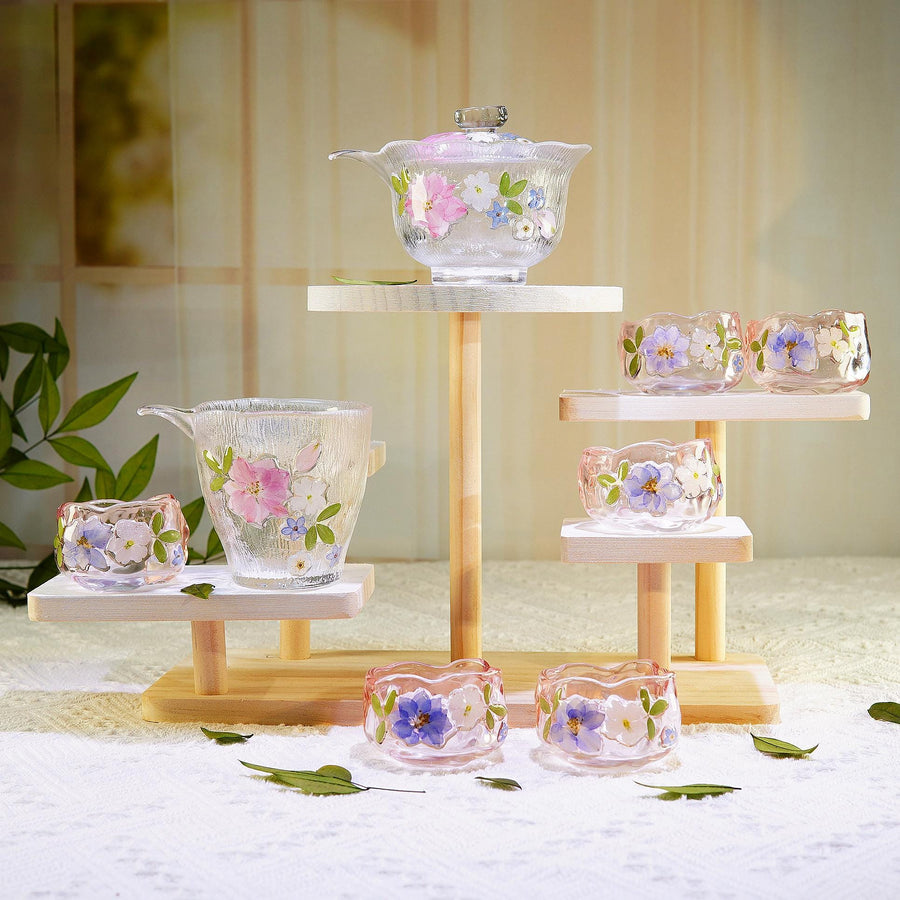 Handcrafted Lotus Glass Tea Set, Real Pressed Flowers