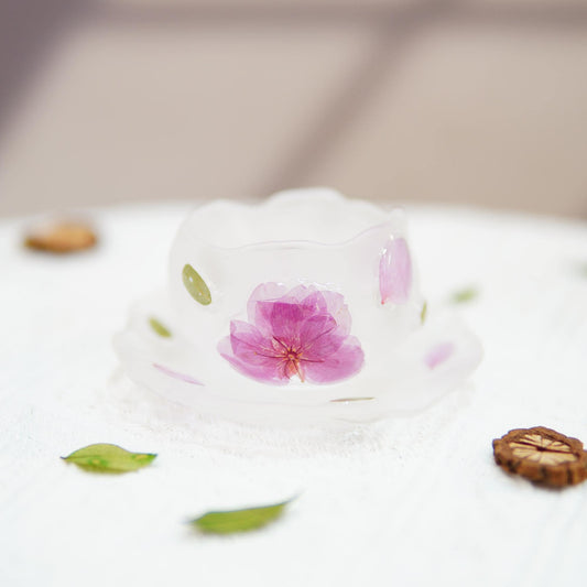 Handmade Peach Blossom Glass Tea Cup – Eco Resin Real Flower Embedded Master Cup, Unique Floral Drinkware Gift