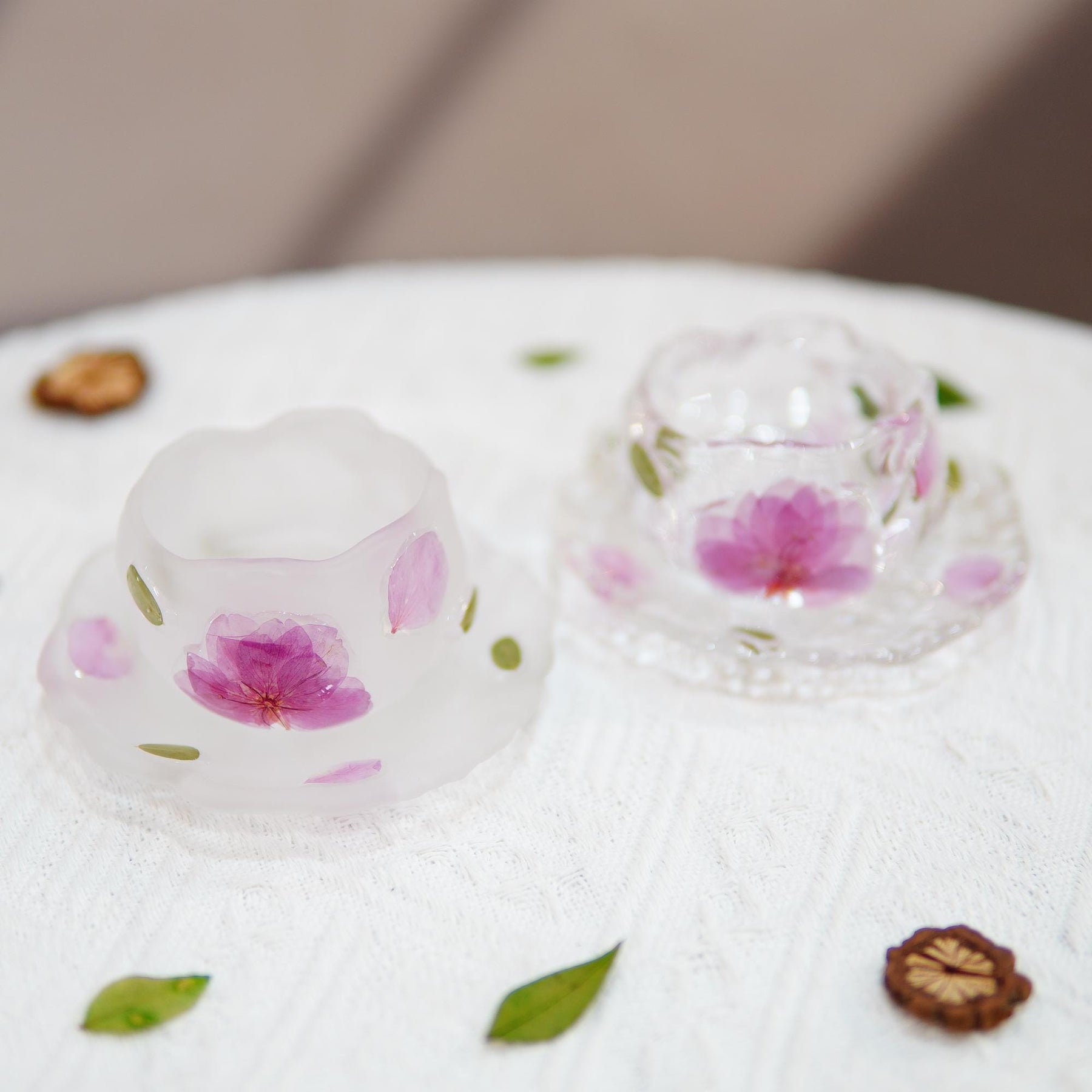 Handcrafted Peach Blossom Glass Tea Cup