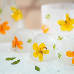 Handcrafted Pressed Flower Sake Set, Botanical Glass Carafe & Cups