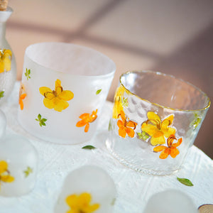 Handcrafted Pressed Flower Sake Set, Botanical Glass Carafe & Cups