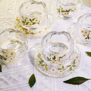 Handcrafted Clear Glass Tea Cup with Real Pearl Plum Flowers