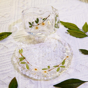 Handcrafted Clear Glass Tea Cup with Real Pearl Plum Flowers