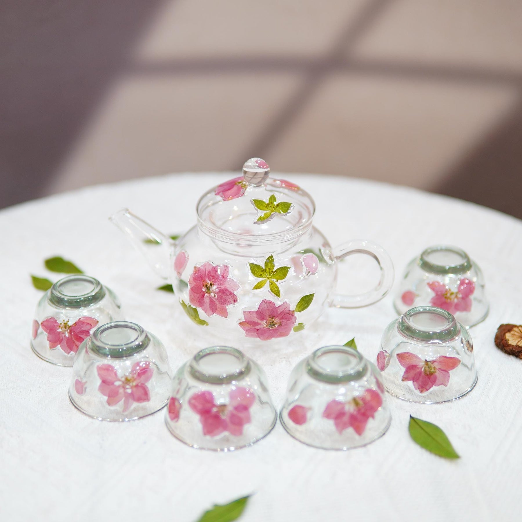 Handcrafted Pressed Flower Glass Tea Set, Teapot and Cups, Botanical Drinkware