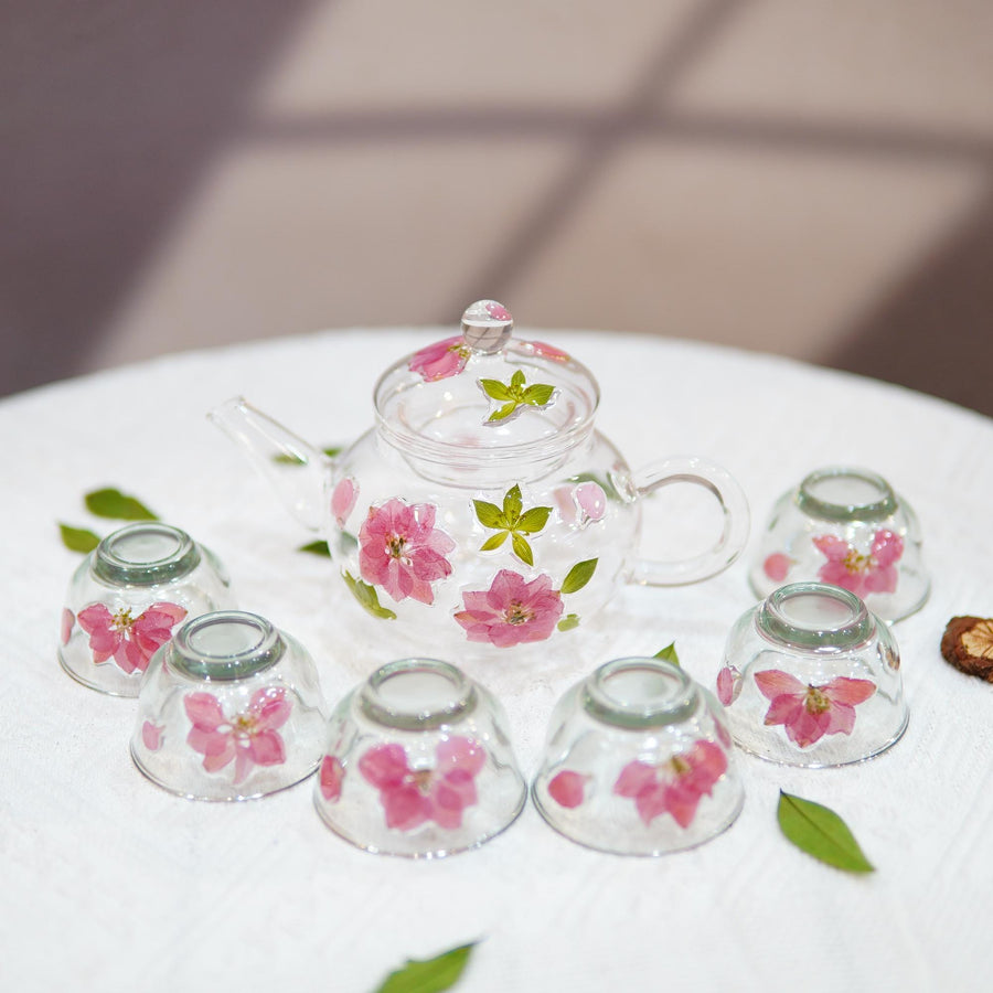 Handcrafted Pressed Flower Glass Tea Set, Teapot and Cups, Botanical Drinkware