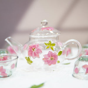 Handcrafted Pressed Flower Glass Tea Set, Teapot and Cups, Botanical Drinkware