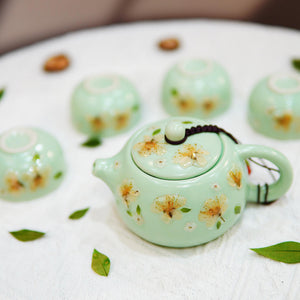 Handcrafted Celadon Tea Set, Real Pressed Jasmine Flowers, Porcelain Teapot Cups