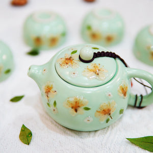 Handcrafted Celadon Tea Set, Real Pressed Jasmine Flowers, Porcelain Teapot Cups