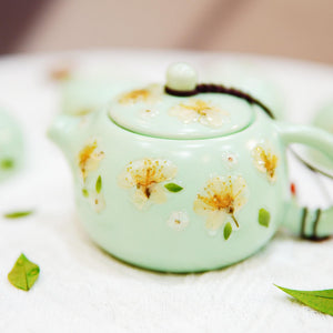Handcrafted Celadon Tea Set, Real Pressed Jasmine Flowers, Porcelain Teapot Cups