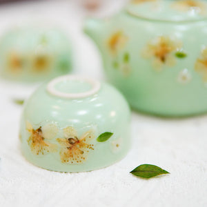 Handcrafted Celadon Tea Set, Real Pressed Jasmine Flowers, Porcelain Teapot Cups