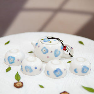 Handcrafted Porcelain Tea Set, Real Pressed Blue Hydrangeas