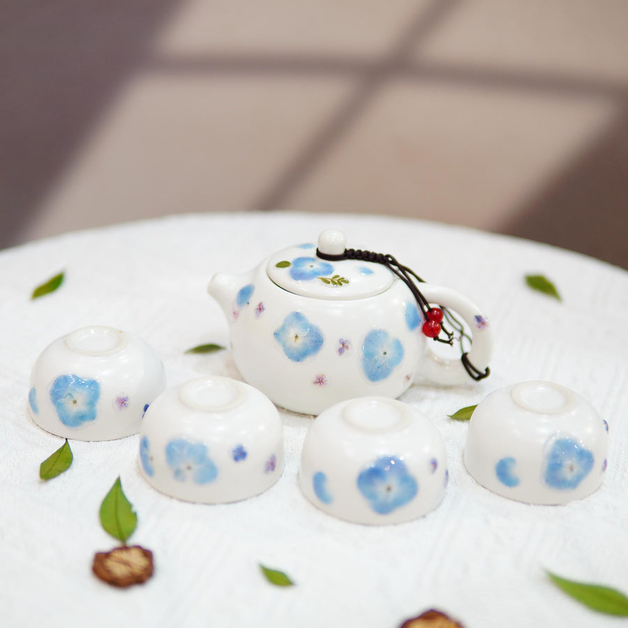 Handcrafted Porcelain Tea Set, Real Pressed Blue Hydrangeas