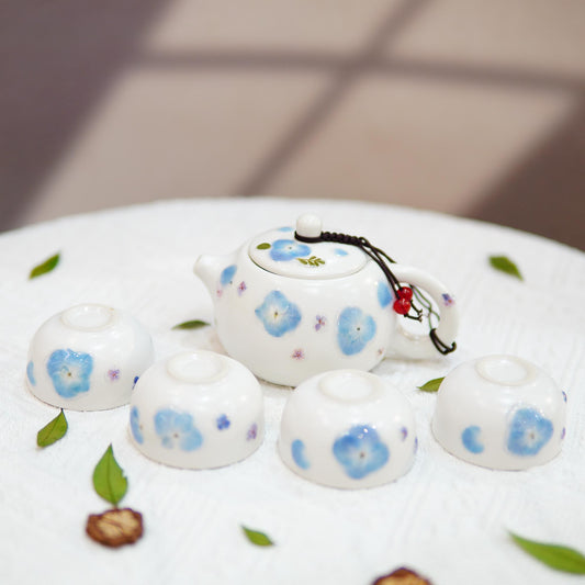 Handmade Porcelain Tea Set, Real Pressed Blue Hydrangeas, Teaware (1 Pot 4 Cups)