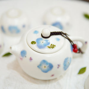 Handcrafted Porcelain Tea Set, Real Pressed Blue Hydrangeas