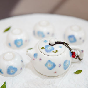 Handcrafted Porcelain Tea Set, Real Pressed Blue Hydrangeas