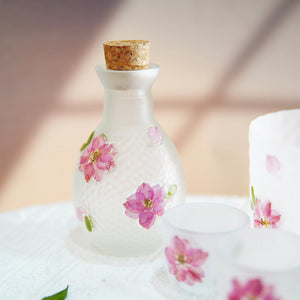 Handcrafted Frosted Sake Set with Pressed Cherry Blossoms, Botanical Carafe Cups
