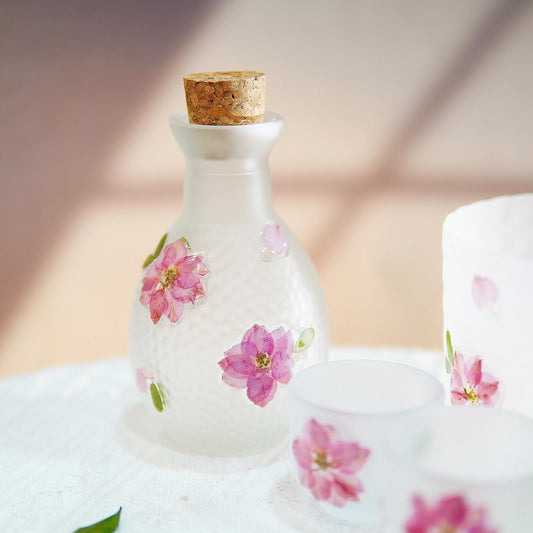 Handmade Frosted Sake Set with Pressed Cherry Blossoms, Botanical Carafe Cups, Sakura Gift