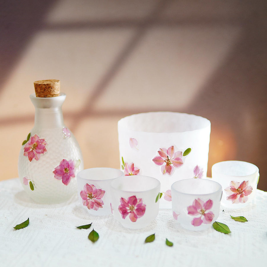 Handcrafted Frosted Sake Set with Pressed Cherry Blossoms, Botanical Carafe Cups