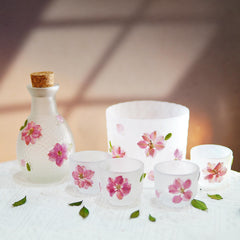 Handmade Frosted Sake Set with Pressed Cherry Blossoms, Botanical Carafe Cups, Sakura Gift