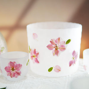 Handcrafted Frosted Sake Set with Pressed Cherry Blossoms, Botanical Carafe Cups