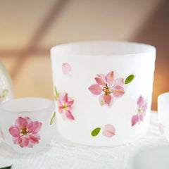 Handmade Frosted Sake Set with Pressed Cherry Blossoms, Botanical Carafe Cups, Sakura Gift