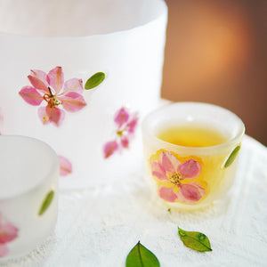 Handcrafted Frosted Sake Set with Pressed Cherry Blossoms, Botanical Carafe Cups