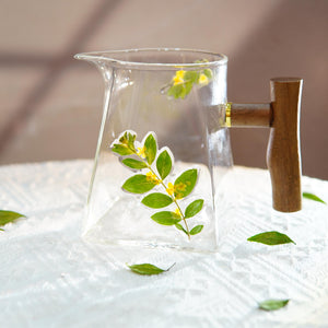 Handcrafted Glass Mug with Walnut Handle and Real Pressed Flowers