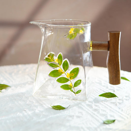 Handmade Pressed Flower Glass Mug, Walnut Handle, Real Dried Floral Resin Art Tea Cup