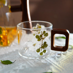 Handcrafted Glass Mug with Walnut Handle and Real Pressed Flowers