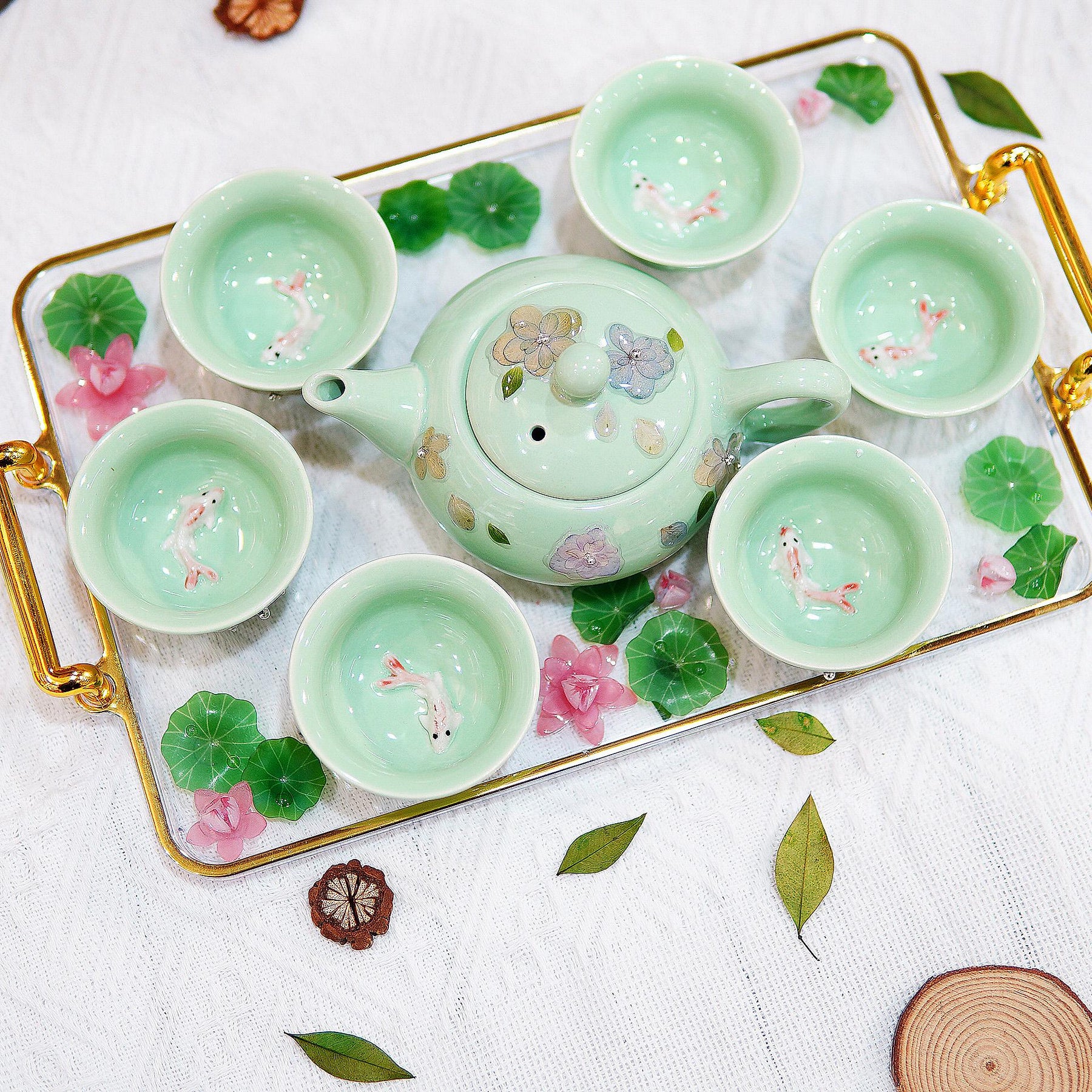 Handcrafted Celadon Tea Set, 3D Koi Fish Porcelain Teapot Cups