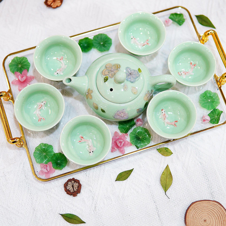 Handcrafted Celadon Tea Set, 3D Koi Fish Porcelain Teapot Cups