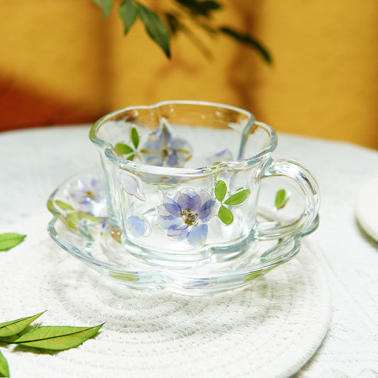 Handmade Glass Cup and Saucer Set, Real Pressed Flowers, Botanical Cottagecore Tea Set