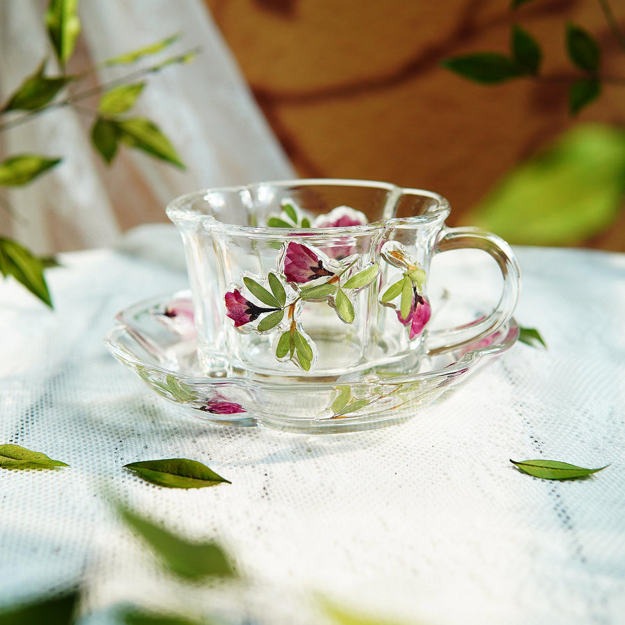 Handcrafted Glass Cup and Saucer Set, Real Pressed Flowers
