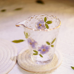 Handcrafted Hammered Glass Tea Set, Real Pressed Flowers, Gold Rim Gaiwan & Cups