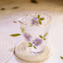 Handmade Hammered Glass Tea Set, Real Pressed Flowers, Gold Rim Gaiwan & Cups