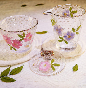 Handcrafted Hammered Glass Tea Set, Real Pressed Flowers, Gold Rim Gaiwan & Cups