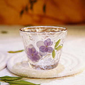 Handcrafted Hammered Glass Tea Set, Real Pressed Flowers, Gold Rim Gaiwan & Cups