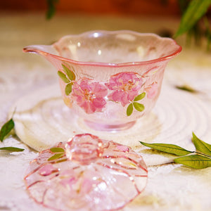 Handcrafted Pink Sakura Glass Tea Set — Cup with Real Preserved Flowers