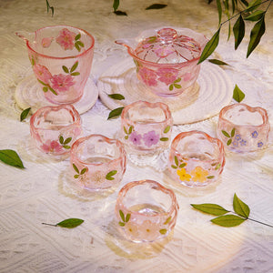 Handcrafted Pink Sakura Glass Tea Set — Cup with Real Preserved Flowers
