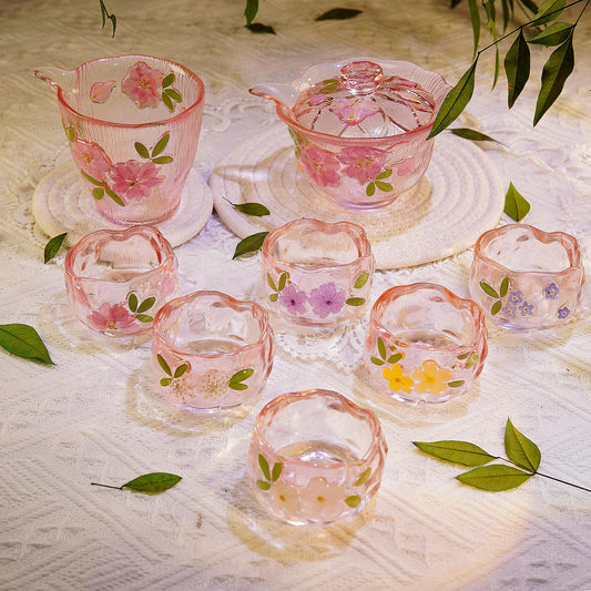 Handmade Pink Sakura Glass Tea Set | Eco-Friendly Cup with Real Preserved Flowers