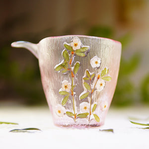 Handcrafted Pink Pearl Plum Blossom Glass Tea Cup — Real Flower Encased Art Mug