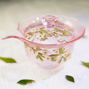 Handcrafted Pink Pearl Plum Blossom Glass Tea Cup — Real Flower Encased Art Mug