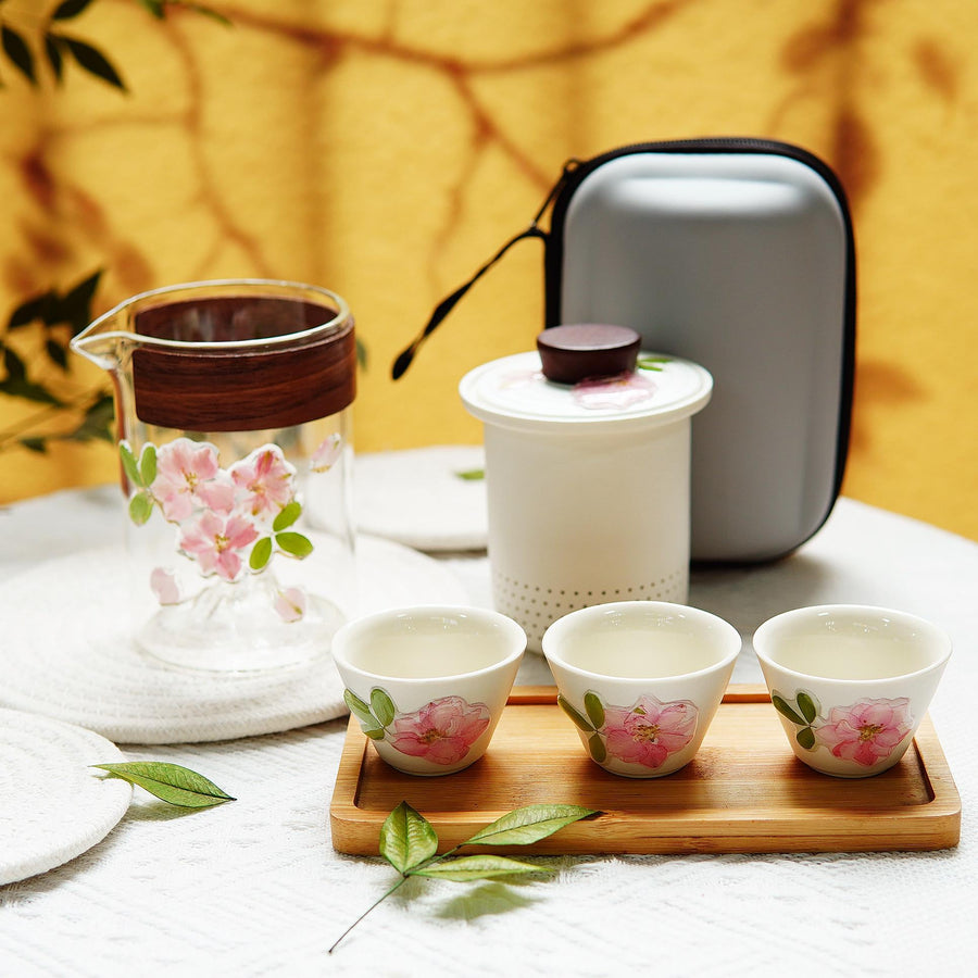 Handcrafted Frosted Porcelain Tea Set — Real Preserved Flower Cups, Portable Kit